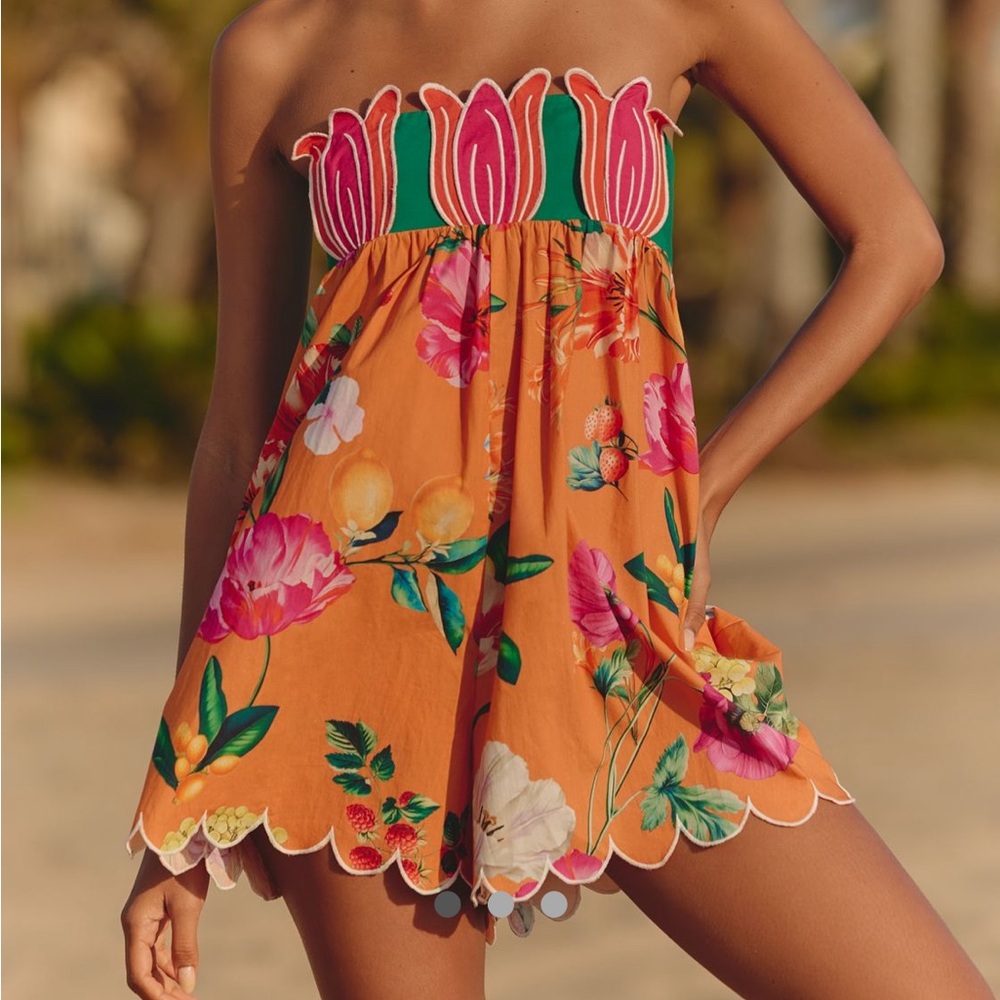 Anthropologie Orange Floral Strapless Romper with Green & Pink Accents